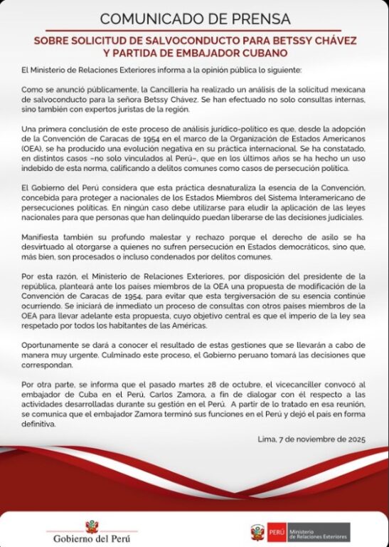 comunicado de cancillería sobre salvo conducto de Betsy Chávez