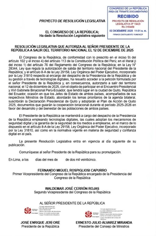 Congreso aprueba viaje de José Jeri a Ecuador