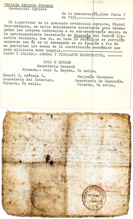 Credencial Aprista de Miguel Estremadoyro