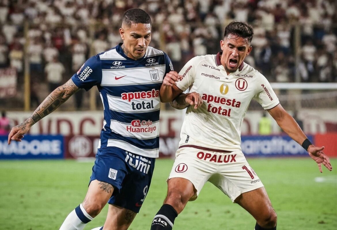 Paolo Guerrero y Martín Pérez Guedes disputando el balón en el primer clásico del año. (Foto editada)