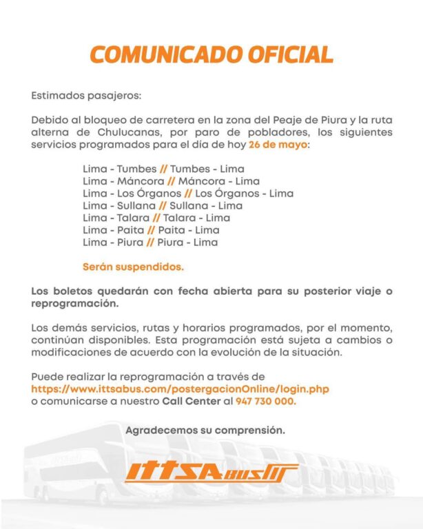 Ittsa Bus afirmó que los pasajes adquiridos serán reprogramados. Fuente: Ittsa Bus