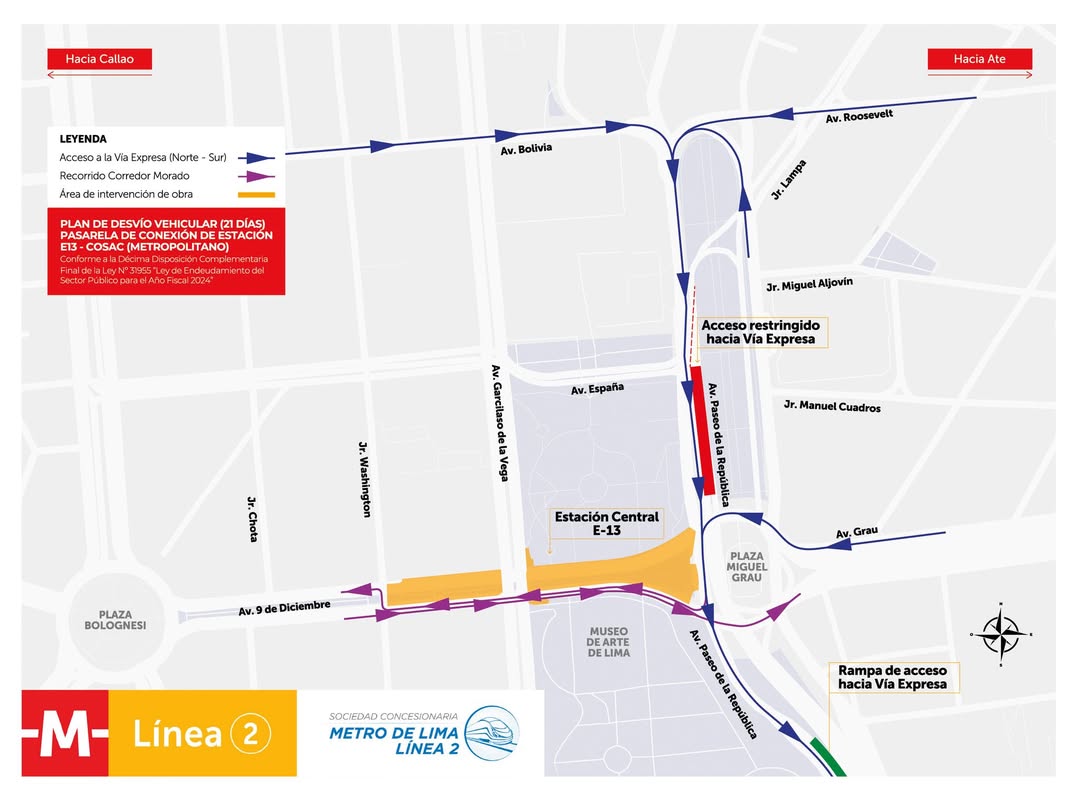 Plan de desvío en el acceso a la Vía Expresa Paseo de la República por trabajos de la Línea 2 del Metro y el Metropolitano. Foto: ATU