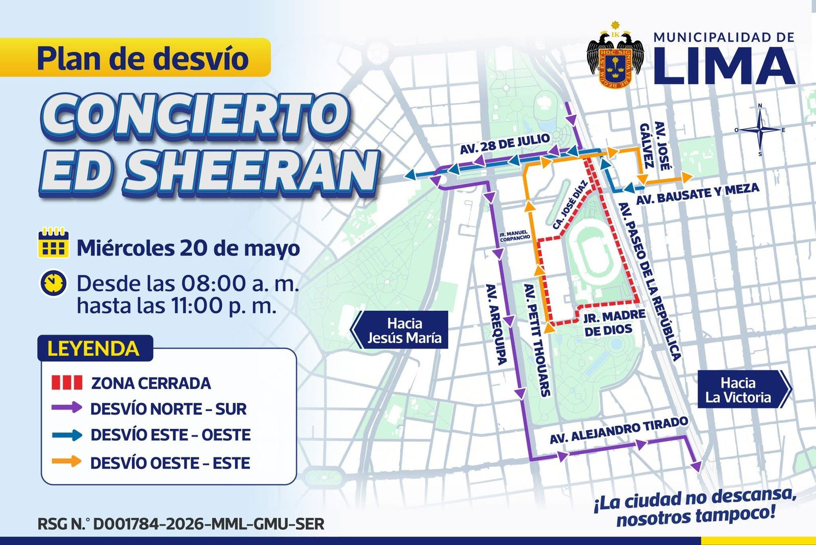 Lima arranca con el plan de desvío por el concierto de Ed Sheeran en el Estadio Nacional. Foto: Municipalidad de Lima