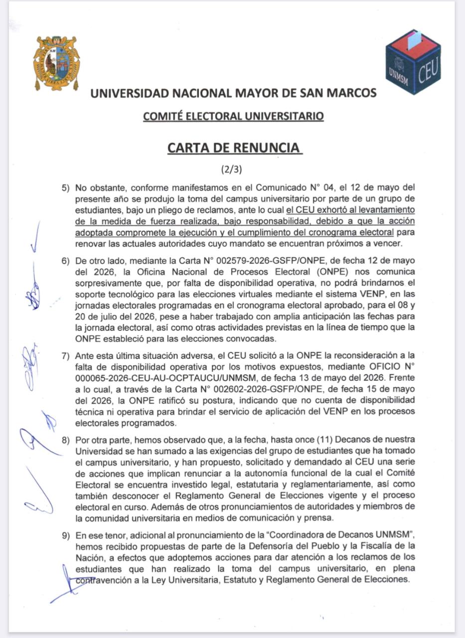 Comité Electoral de San Marcos renuncia tras toma de Ciudad Universitaria. Foto: difusión