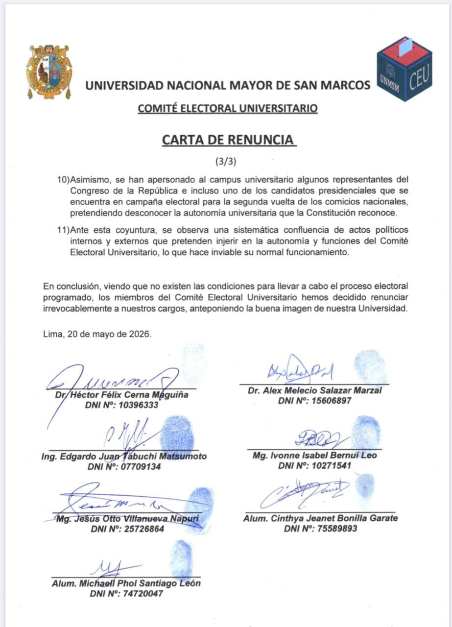 Comité Electoral de San Marcos renuncia tras toma de Ciudad Universitaria. Foto: difusión