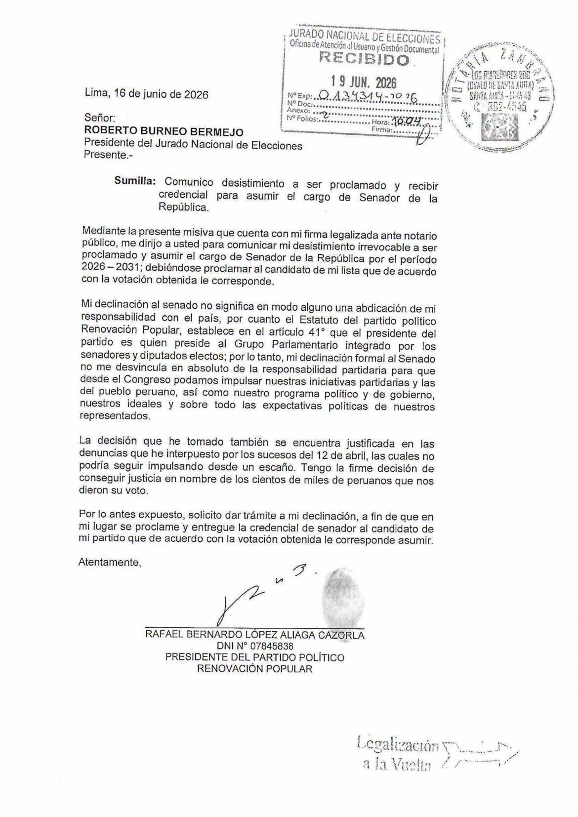 Rafael López Aliaga formaliza su renuncia al Senado y pide que se ...