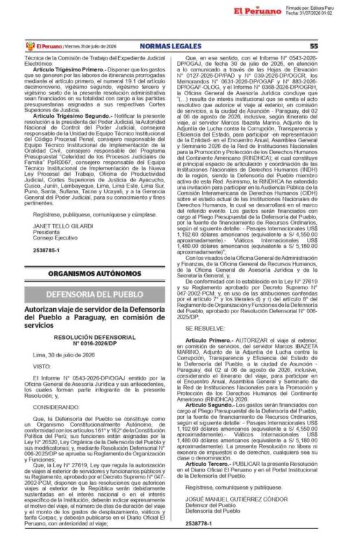 Resolución Defensorial N.° 0016-2026/DP de la Defensoría del Pueblo