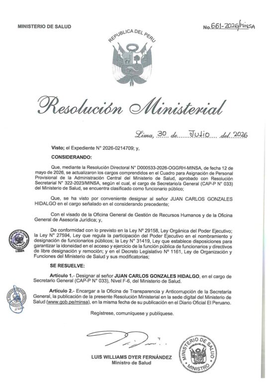 Designación de Juan Carlos Gonzales firmada por Luis Dyer.