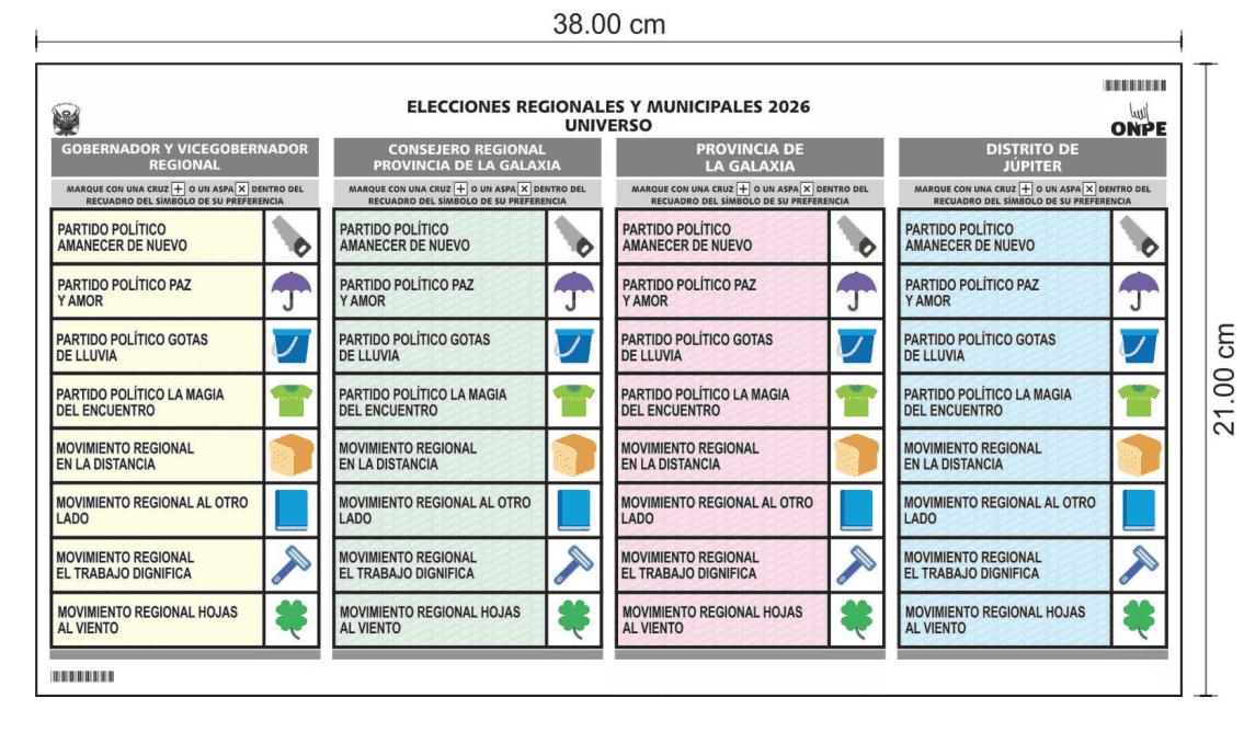 Cédula de votación para Elecciones Regionales y Municipales 2026.