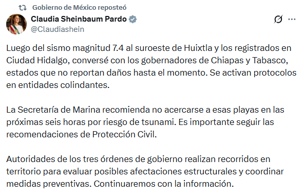 Claudia Sheinbaum se pronunció tras terremoto en México.