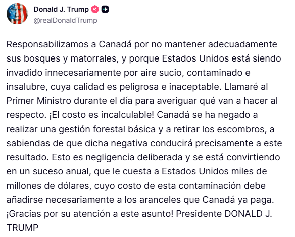 Donald Trump afirma que hablará con el primer ministro de Canadá.