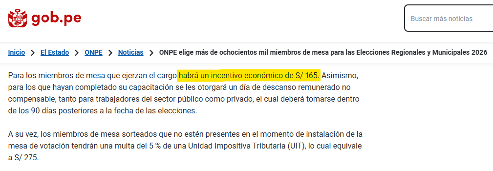 ONPE anunció pago y multa para miembros de mesa. Foto: Gobierno peruano