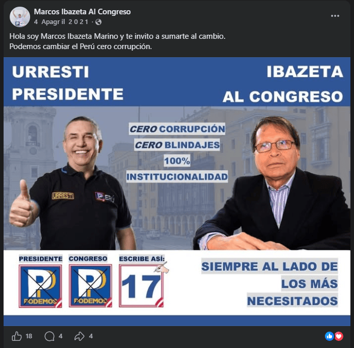 Ibazeta postuló al Congreso con el número 17 de Podemos Perú