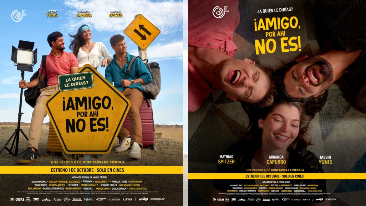 Miranda Capurro, Mathias Spitzer y Jassir Yunis en el afiche promocional de la película peruana “Amigo, por ahí no es”.