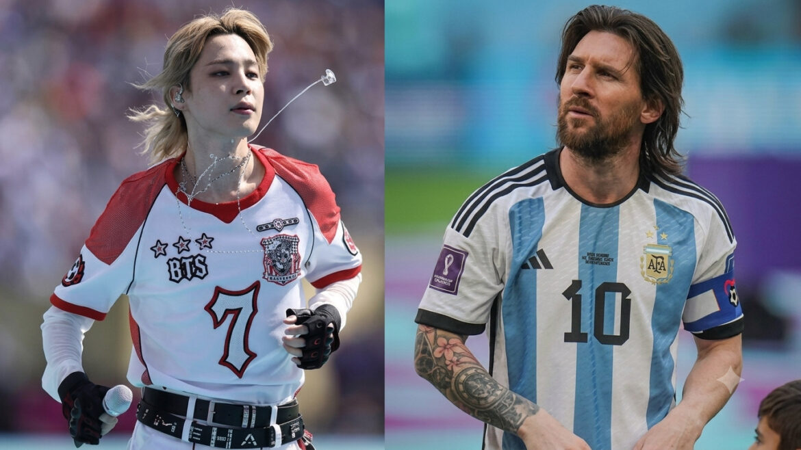 Jimin de BTS luciendo el jersey que ahora es subastado por Christie’s para recaudar fondos destinados a educación infantil.