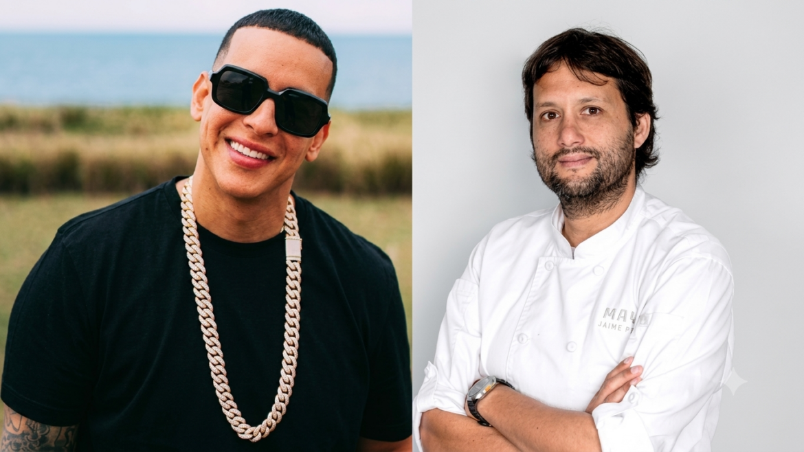 Daddy Yankee junto al chef peruano Jaime Pesaque durante el anuncio de Chola Pink, la nueva anticuchería que abrirán en Nueva York para promover la cocina peruana.