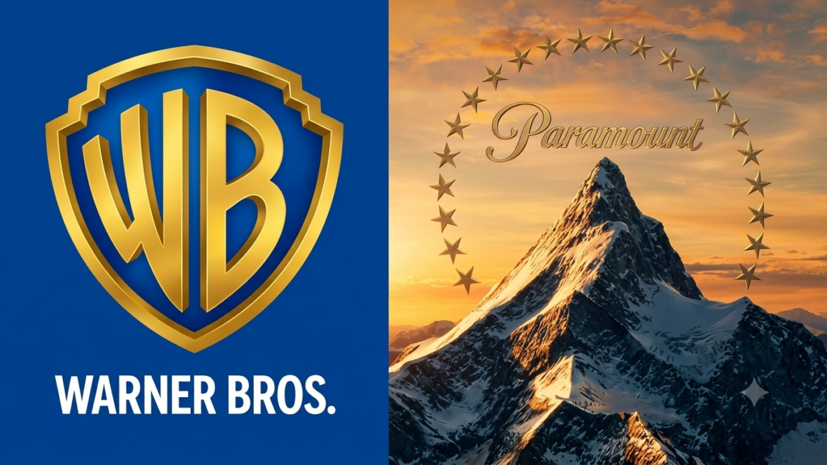 Logos de Paramount y Warner Bros. junto a una referencia a la fusión millonaria que enfrenta oposición legal en Estados Unidos.
