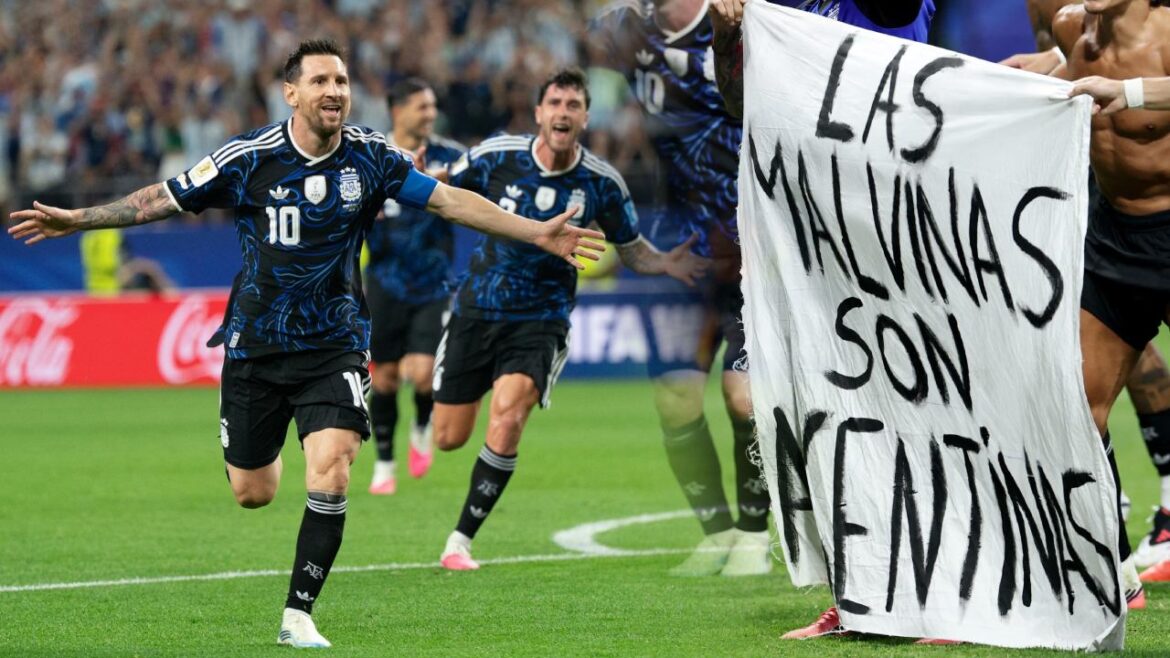 Jugadores de Argentina celebraron su victoria contra Inglaterra con una banderola sobre las Malvinas. Foto: composición Caretas