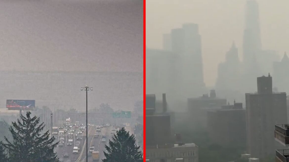 Tras incendios en Canadá: MetLife Stadium poco visible (izquierda) y ciudades en sábanas de humo (derecha). Foto: composición Caretas