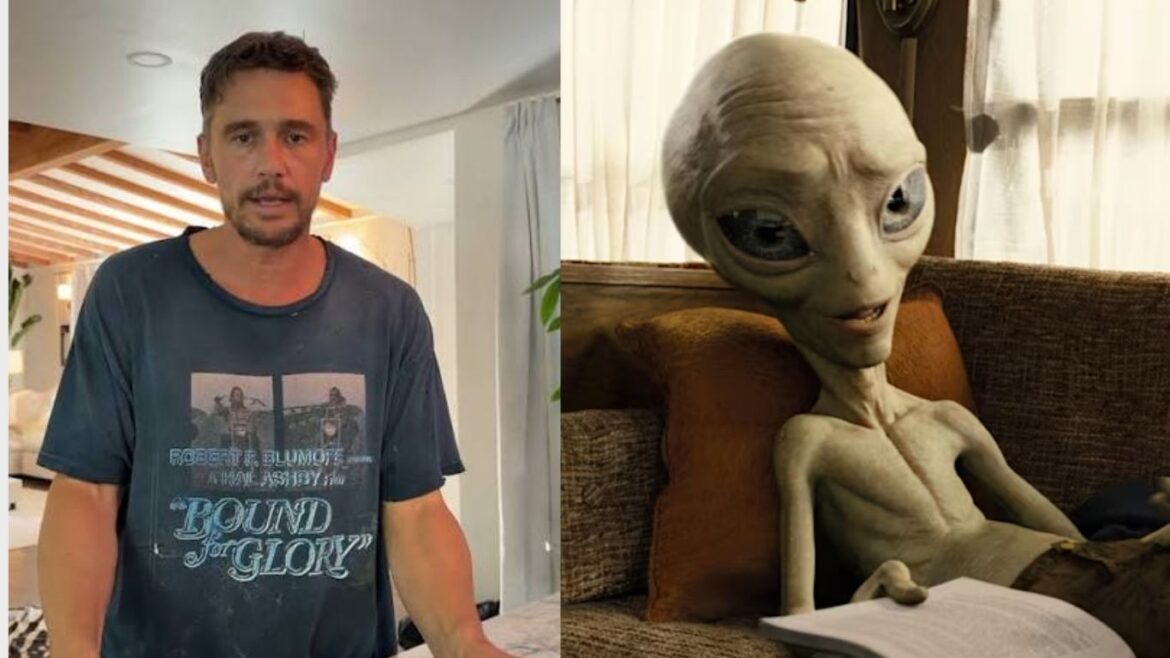 James Franco mostrando un supuesto video de seguridad con una figura similar a un extraterrestre en TikTok.