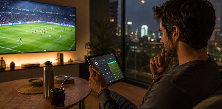 Hombre revisando apuestas en una tableta mientras ve un partido de fútbol