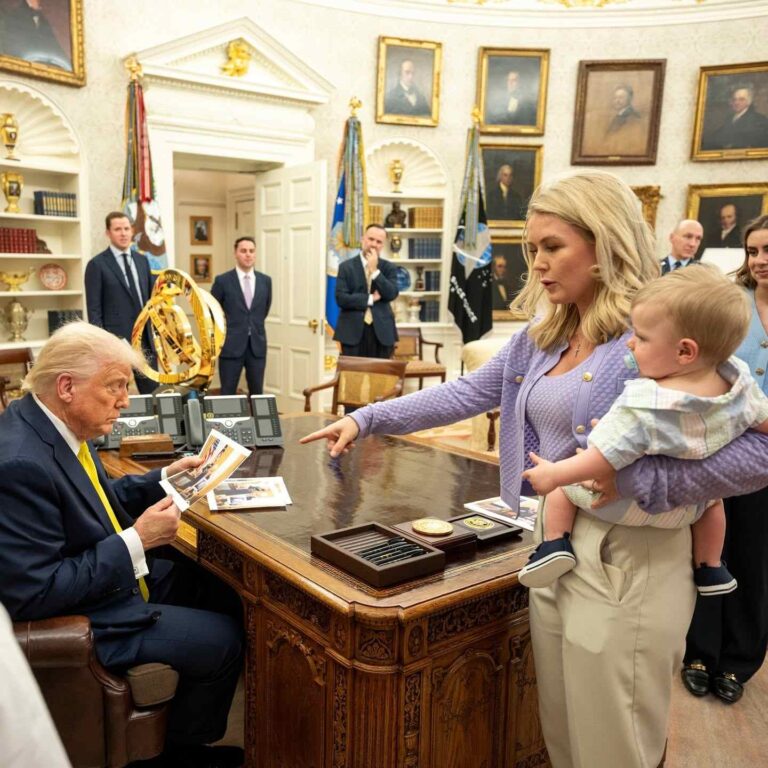 Karoline Leavitt y su primer hijo el 29 de abril de 2025 en el Despacho Oval de la Casa Blanca. Foto: Facebook