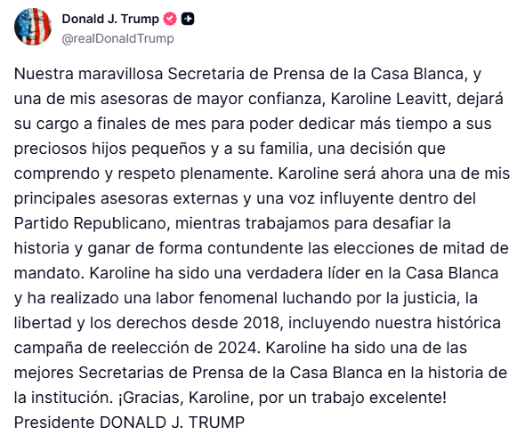 Donald Trump comunica salida de Karoline Leavitt. Foto: Truth Social