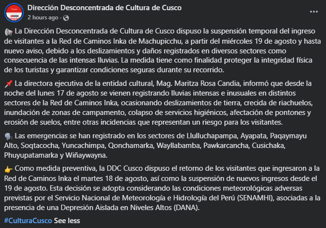DDC de Cusco anunció la medida. Foto: Facebook
