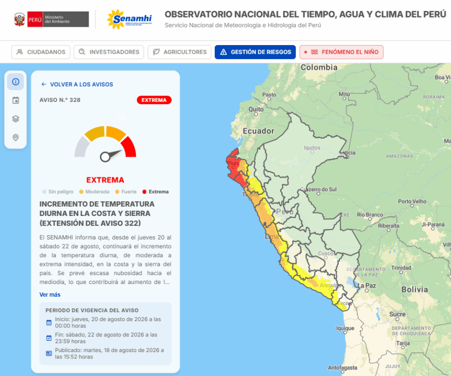 Aviso meteorológico de Senamhi.