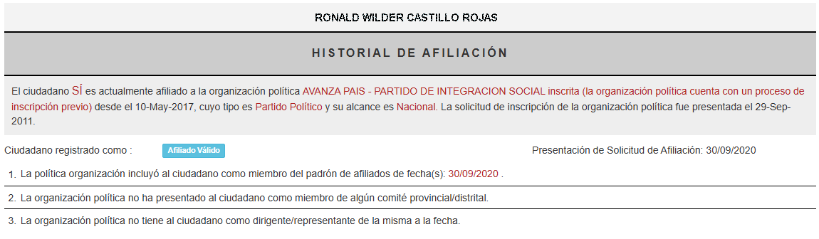 Ronald Castillo figura como afiliado de Avanza País desde 2020. 