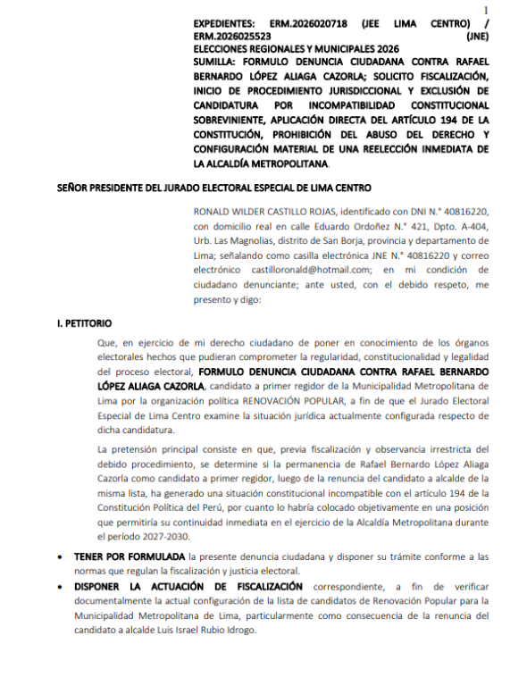Denuncia ciudadana presentada por Ronald Castillo. 