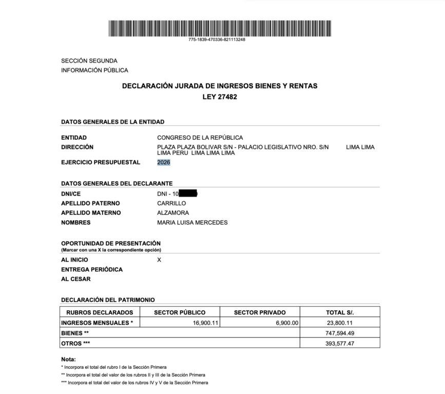 Declaración jurada de la esposa de Luis Galarreta que certifica el inicio de sus funciones en el Congreso este 2026. Foto: Jonathan Castro/X