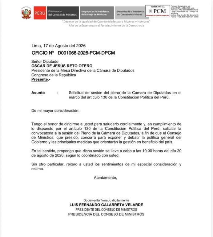 Pedido de la Presidencia del Consejo de Ministros.