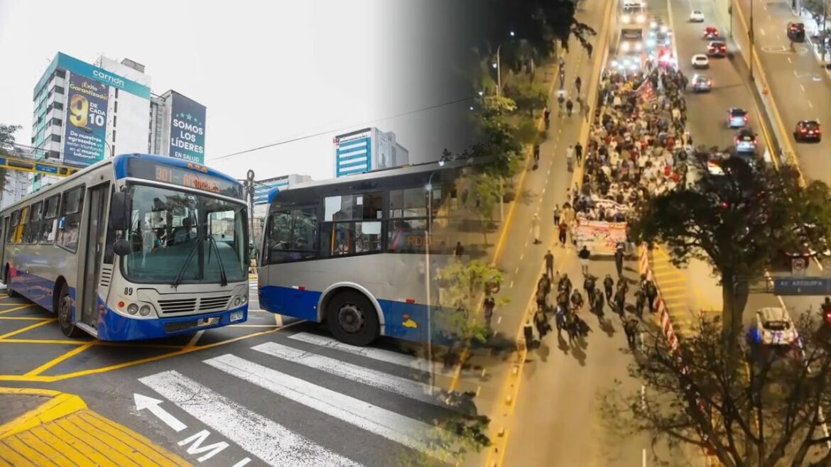 Colectiveros marchan contra carril bidireccional del Corredor Azul. Foto: composición Caretas/Andina/Latina