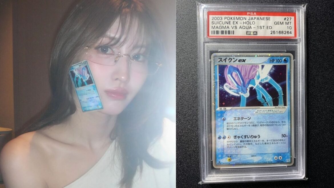 Momo de TWICE sostiene una carta Pokémon Suicune ex que generó polémica entre fanáticos del coleccionismo.