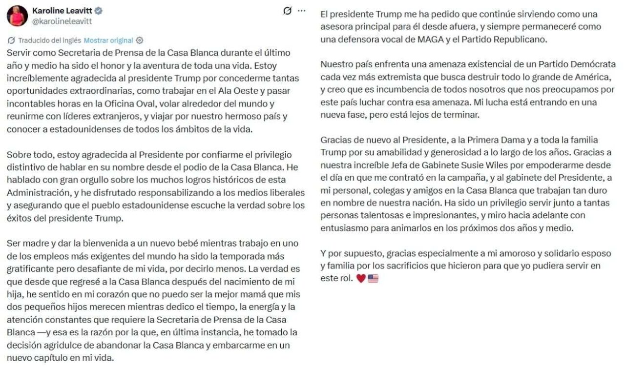 Mensaje de Leavitt. Foto: X