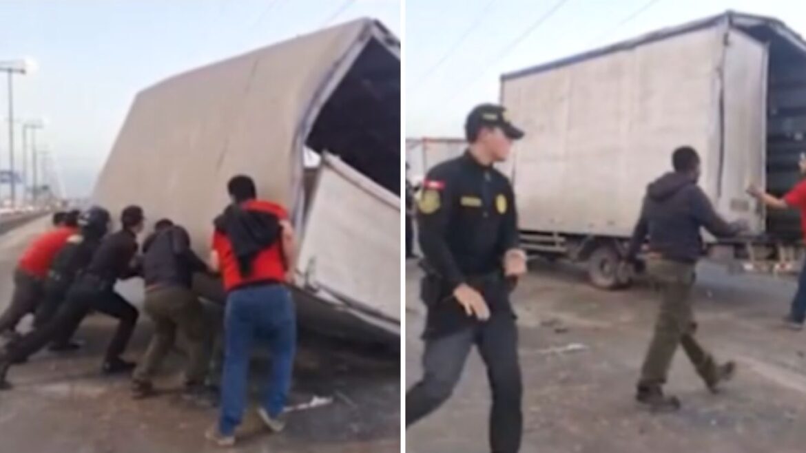 Ciudadanos y policías se unen para levantar camión volcado en Panamericana Sur. Foto: composición Caretas/Exitosa