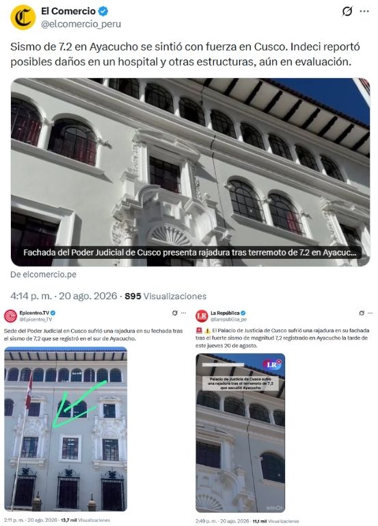 Medios locales informaron sobre la rajadura en frontis del Poder Judicial en Cusco afirmando que fue ocasionada por el terremoto de 7.2 en Ayacucho. Foto: X