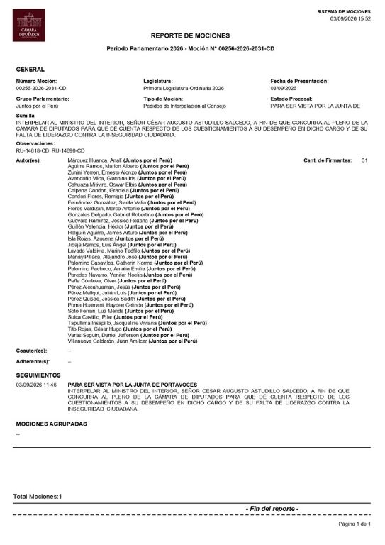 Pedido de moción de interpelación contra César Astudillo, donde 31 de los 32 diputados de JP firmaron.