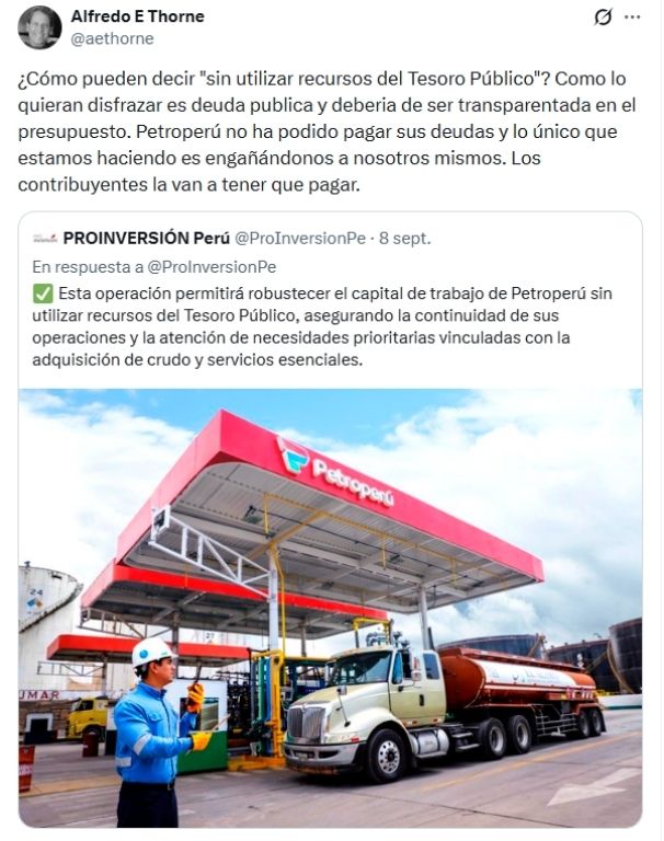 Alfredo Thorne sobre financiamiento a Petroperú. Foto: X