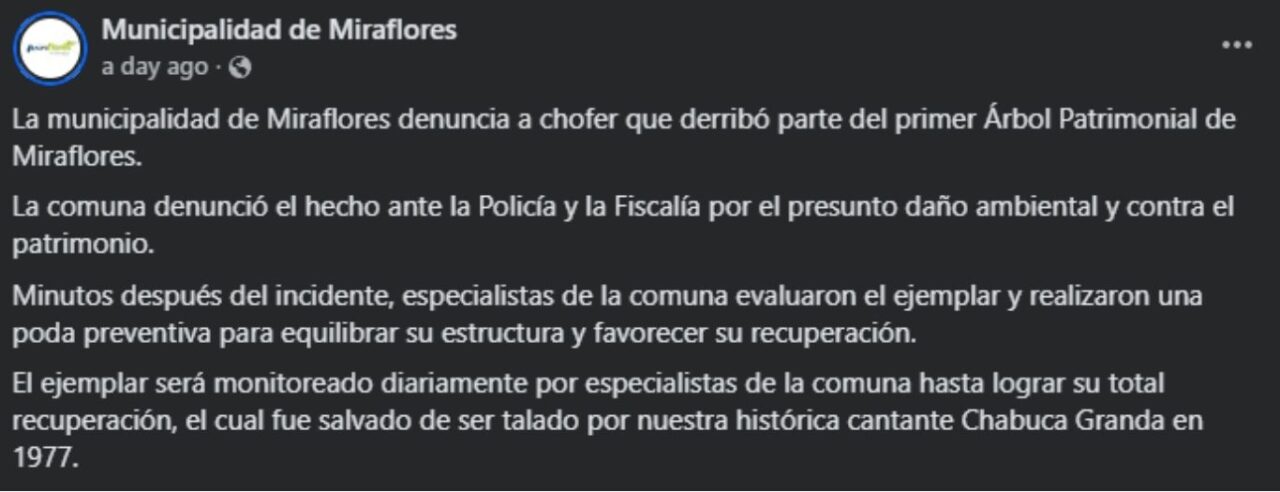 La Municipalidad de Miraflores anunció denuncia contra chofer del camión. Foto: Facebook