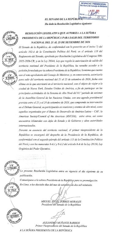 Autógrafa del Senado que autoriza a Keiko Fujimori viajar a Nueva York.