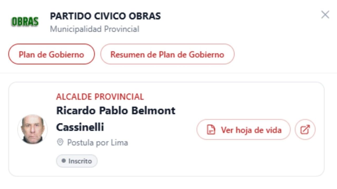 Ricardo Belmont se encuentra habilitado para participar en las Elecciones Regionales y Municipales 2026.