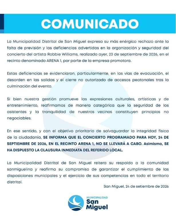 Comunicado de la Municipalidad de San Miguel. Foto: X (antes Twitter)