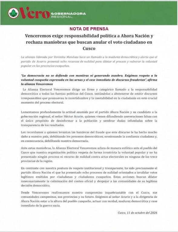 Pronunciamiento del partido Venceremos. Foto: X
