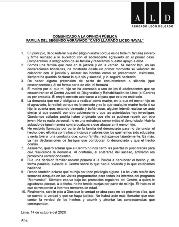 Comunicado de la familia de la segunda víctima en caso Liceo Naval. Foto: Rodrigo Muñoz/X