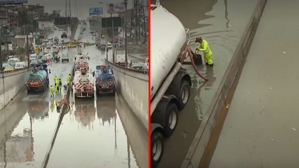 Bypass de av. Pachacútec en Villa María del Triunfo se inunda tras fuerte lluvia. Foto: composición Caretas/Canal N