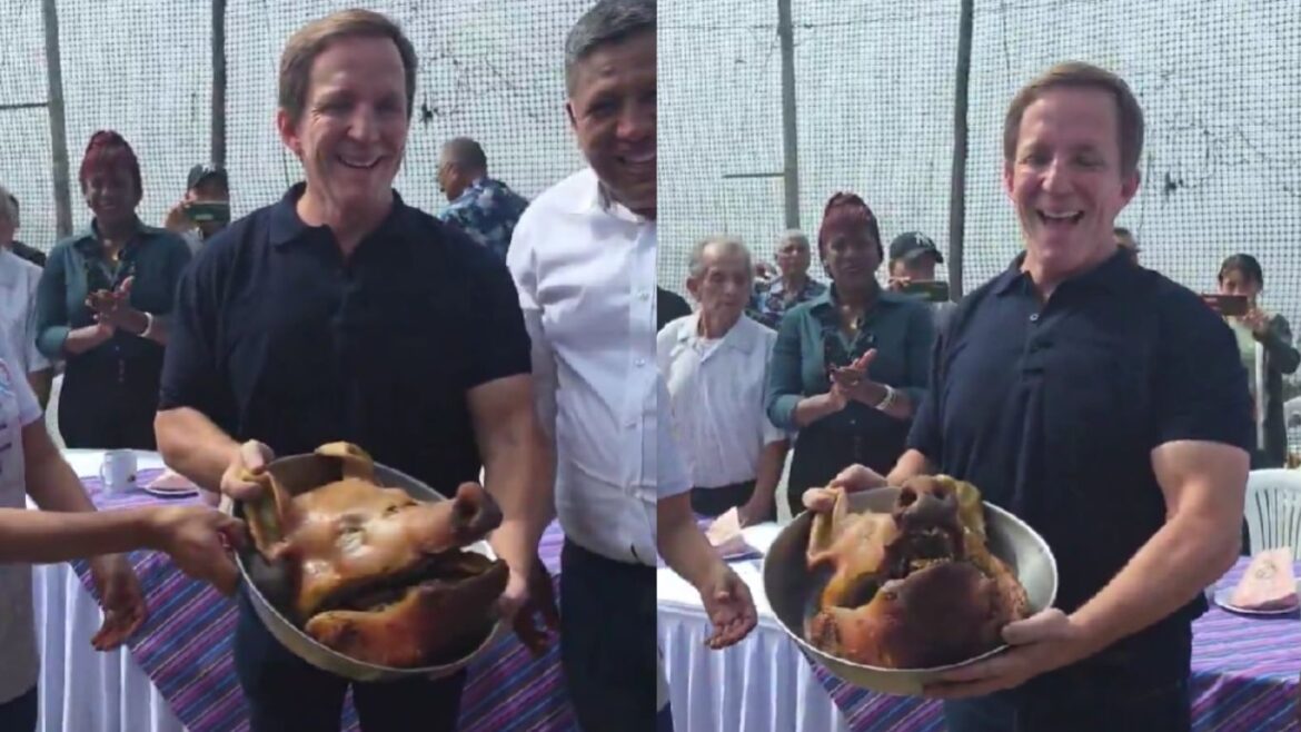 Francis Allison hace una referencia al líder de Renovación Popular, Rafael López Aliaga, durante su desayuno electoral. Foto: composición Caretas.