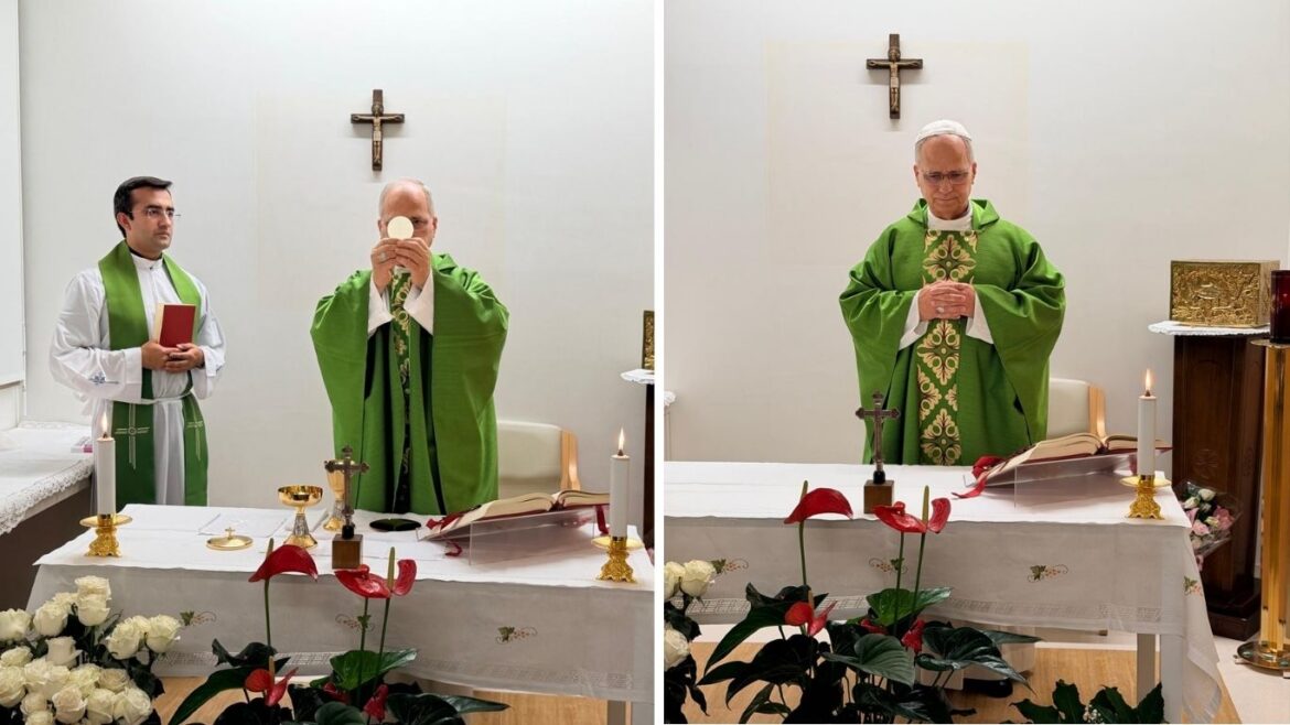 Papa León XIV aparece por primera vez tras su operación y celebra misa en el hospital Gemelli. Foto: composición Caretas / Vaticano News.
