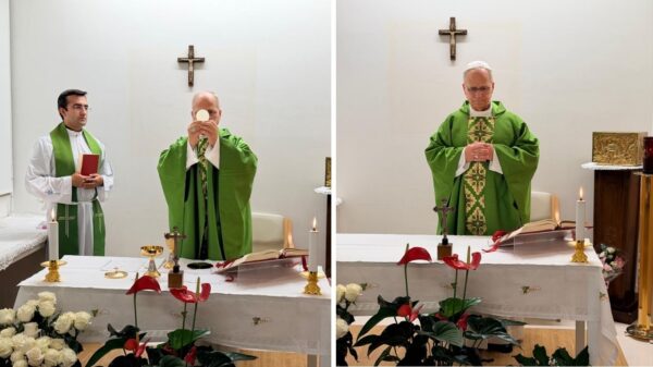 Papa León XIV aparece por primera vez tras su operación y celebra misa en el hospital Gemelli. Foto: composición Caretas / Vaticano News.